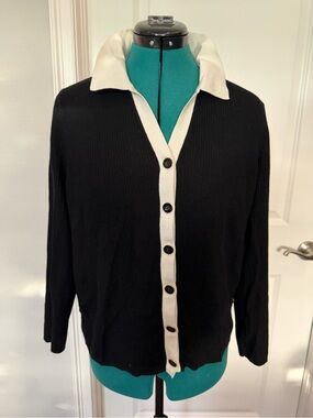 Talbots Black and Cream Button-Up Collared Cardigan Shirt